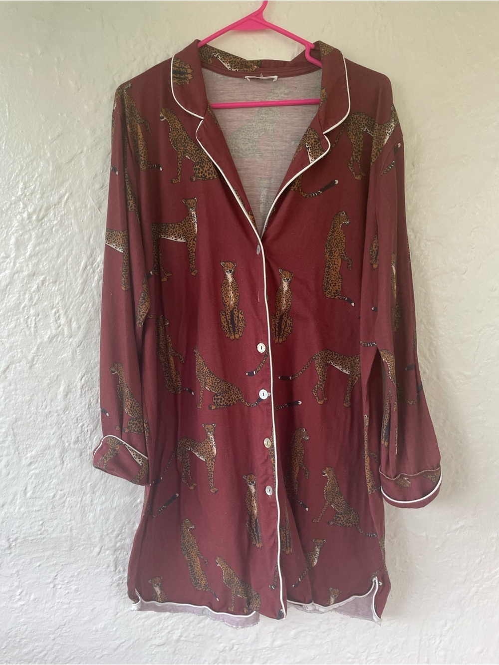 Breakfast for Dinner red long sleeve night shirt, cheetah print, button up; M